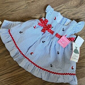 Rare Editions Blue and Red Seersucker Nautical Dress with Bloomer